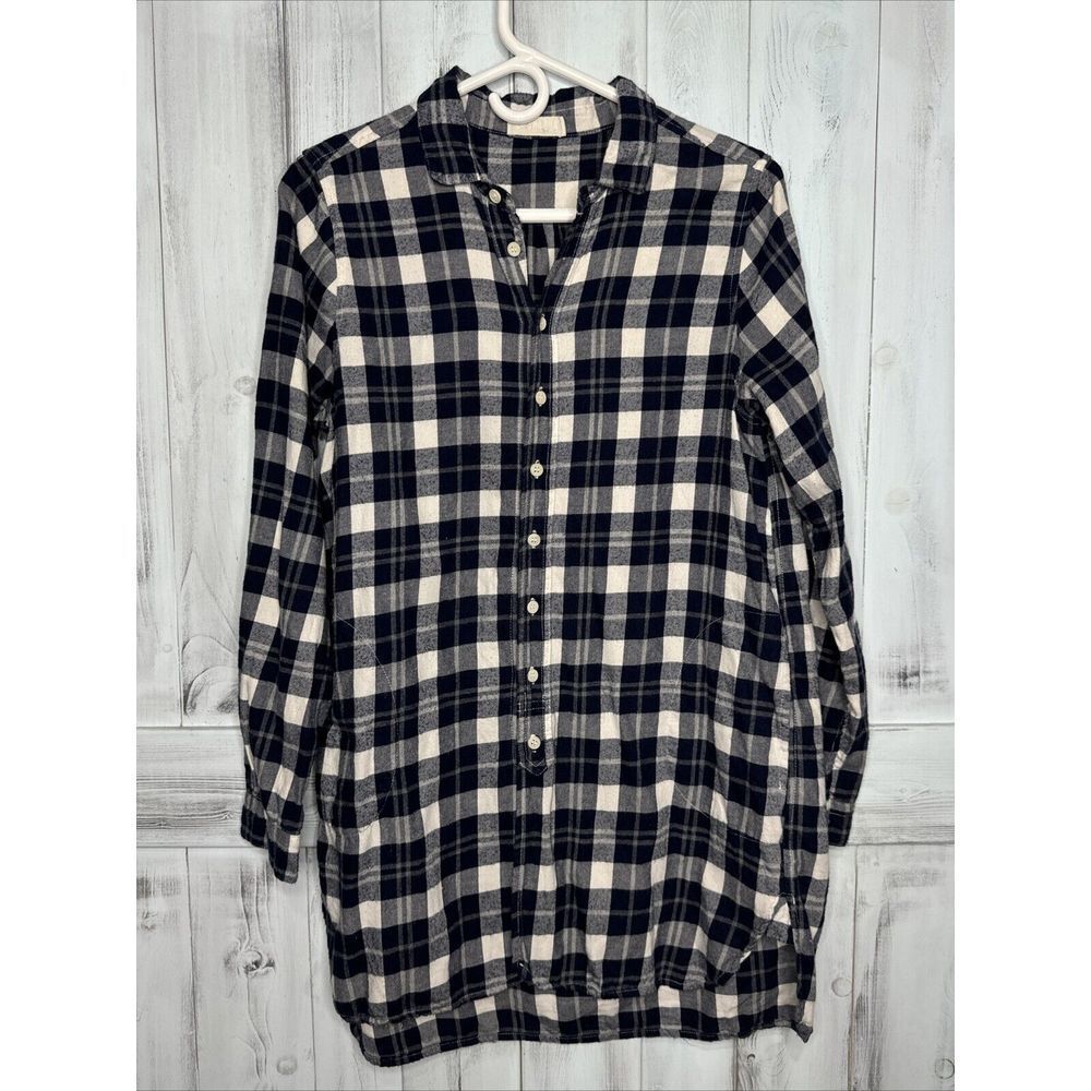 Cp Shades Navy Blue White Plaid Cotton Flannel Button Up Tunic Shirt Pockets S